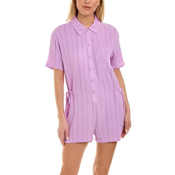 Monrow Womens Boho Pinstripe Gauzy Cotton Collared Shirt Romper Size L Lavender‎ - Picture 1 of 8